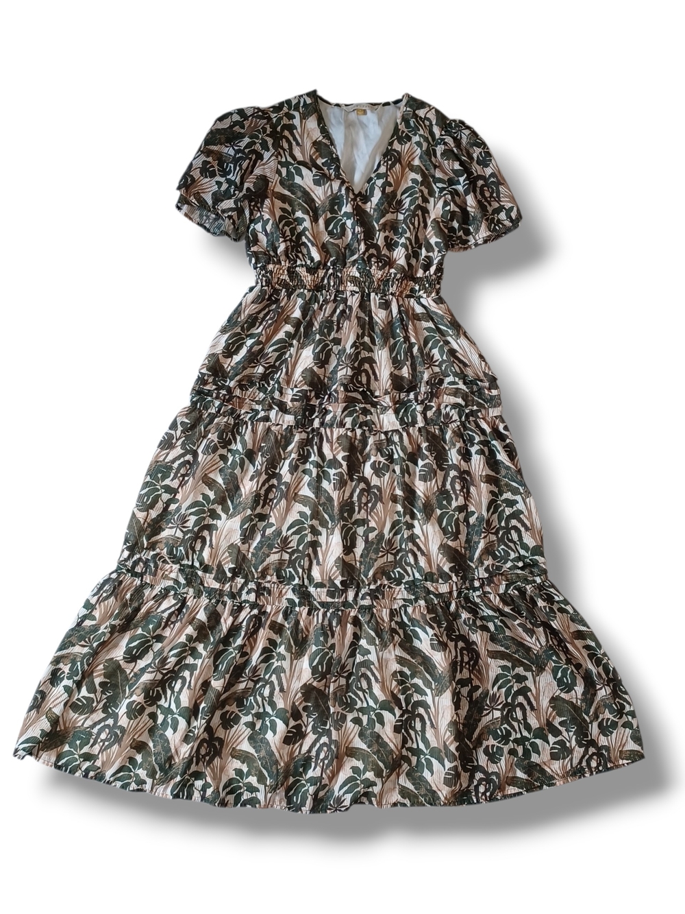 Downeast Womens Flowy Maxi Dress in Green Cream Floral Tiered Resortwear Size S